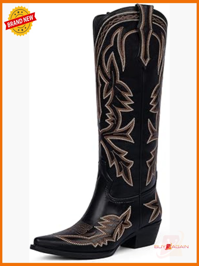 Knee High Cowboy Boots Embroidered Pull On Chunky Heel Pointed Toe Western